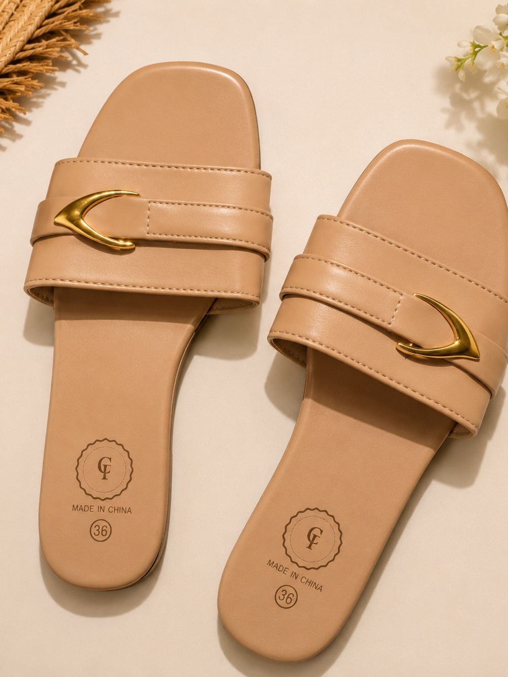 Women's Tan Slide Sandals with Gold Accent - Casual Comfort